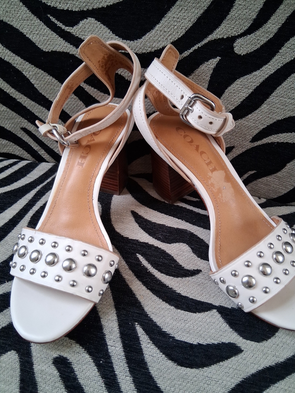 Coach White Leather Studded Block Heel Sandals